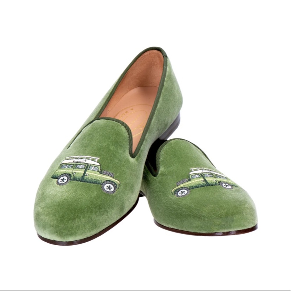 Stubbs and Wootton, NWT, size 8 Offroad Sage Green Velvet w/Offroad Truck motif.